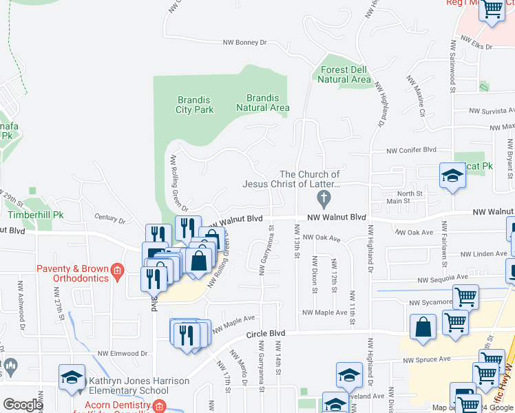 map of restaurants, bars, coffee shops, grocery stores, and more near 1566 Northwest Jonquil Place in Corvallis