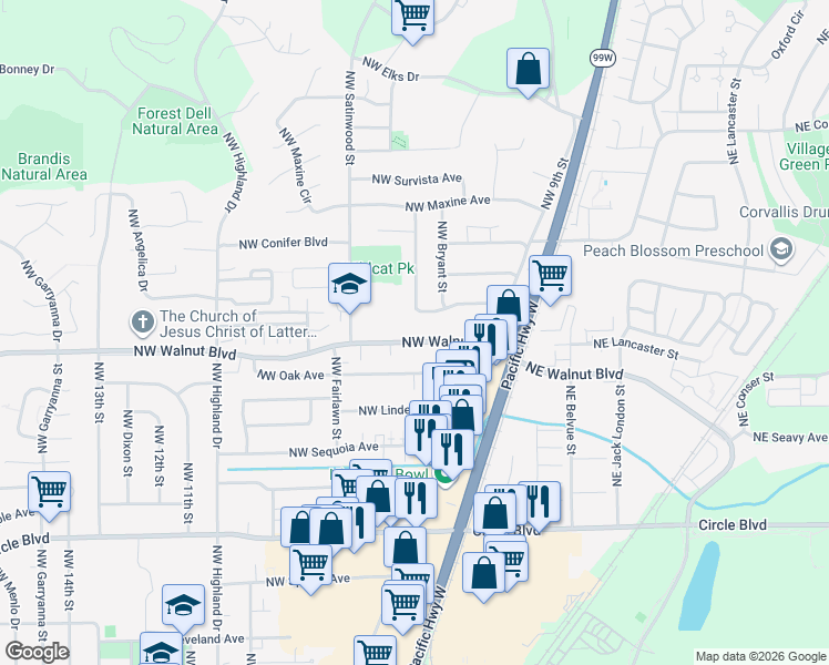 map of restaurants, bars, coffee shops, grocery stores, and more near 2730 Northwest Stewart Street in Corvallis