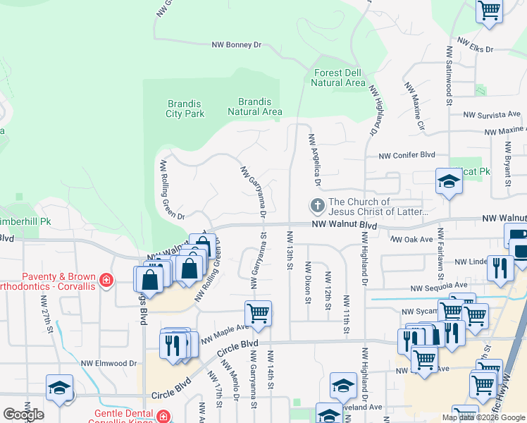 map of restaurants, bars, coffee shops, grocery stores, and more near 2650 Northwest Garryanna Drive in Corvallis