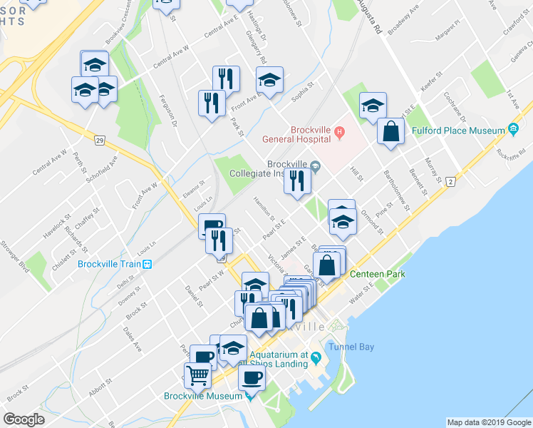 map of restaurants, bars, coffee shops, grocery stores, and more near 20 Hamilton Street in Brockville