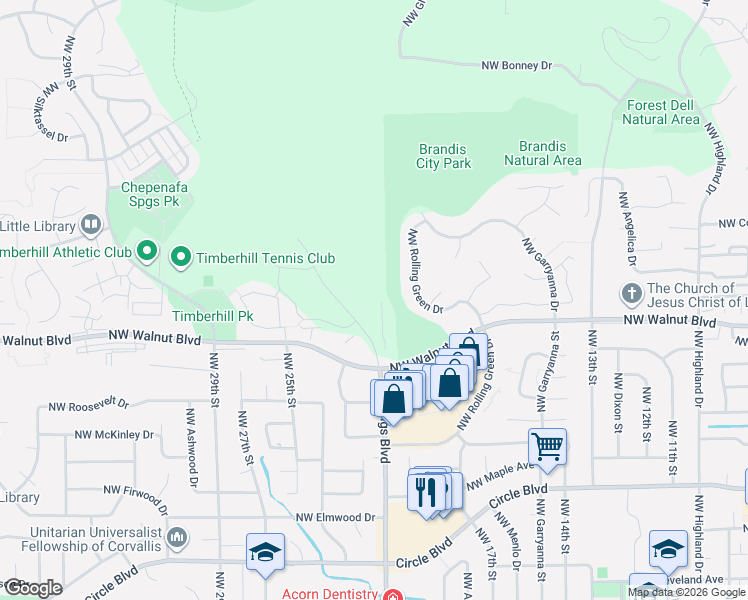 map of restaurants, bars, coffee shops, grocery stores, and more near 2743 Northwest Rolling Green Drive in Corvallis