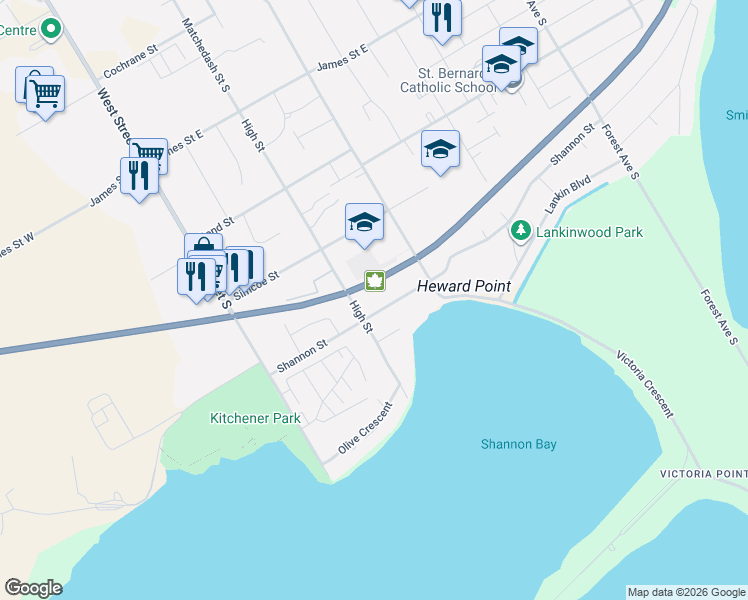 map of restaurants, bars, coffee shops, grocery stores, and more near 130 Shannon Street in Orillia
