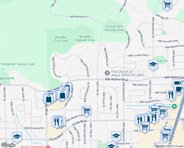 map of restaurants, bars, coffee shops, grocery stores, and more near 2601 Northwest Garryanna Drive in Corvallis