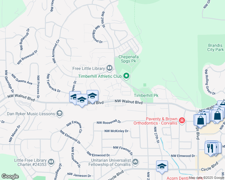 map of restaurants, bars, coffee shops, grocery stores, and more near 2892 Northwest 29th Street in Corvallis