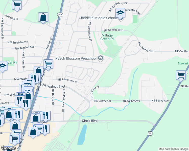map of restaurants, bars, coffee shops, grocery stores, and more near Northeast White Horse Circle in Corvallis