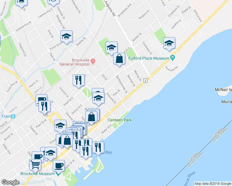 map of restaurants, bars, coffee shops, grocery stores, and more near 126 Pine Street in Brockville