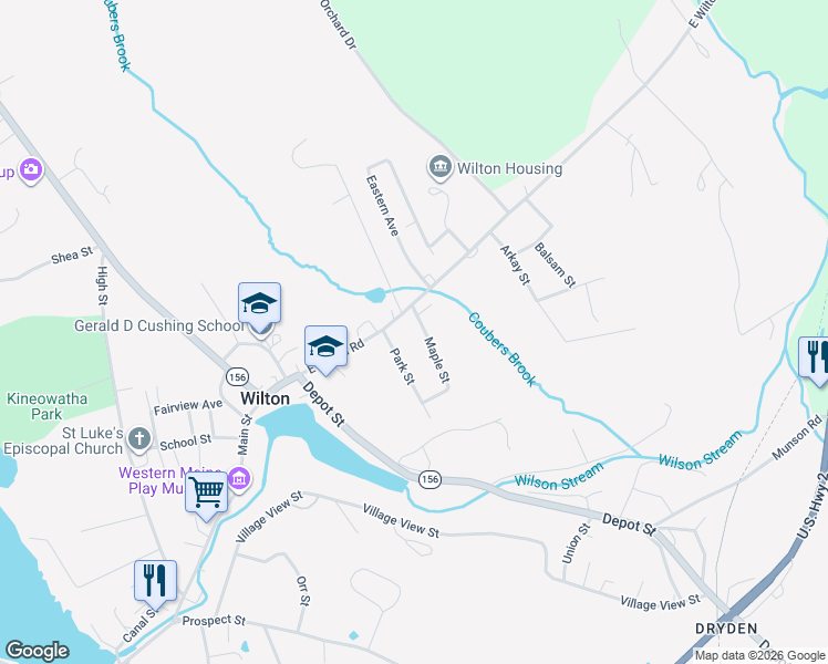 map of restaurants, bars, coffee shops, grocery stores, and more near 3 Maple Street in Wilton