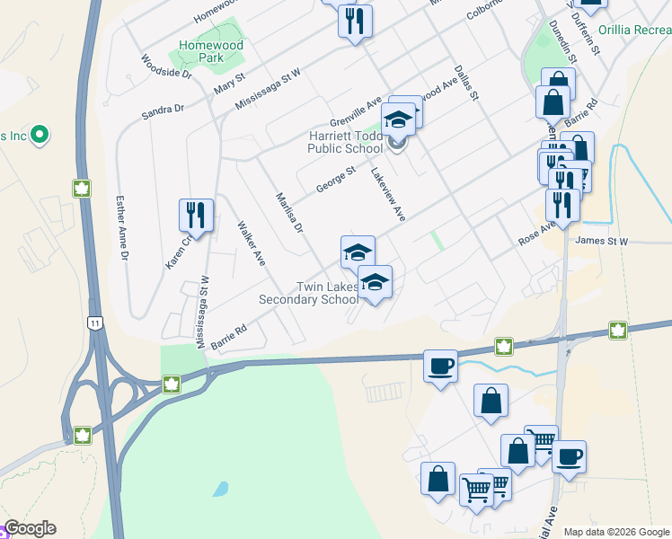 map of restaurants, bars, coffee shops, grocery stores, and more near 383 Barrie Road in Orillia
