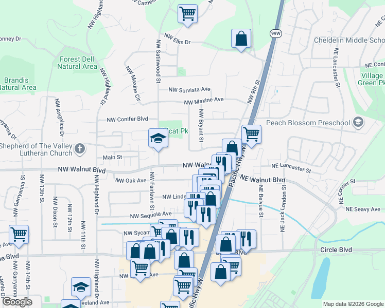 map of restaurants, bars, coffee shops, grocery stores, and more near 2730 Northwest Stewart Street in Corvallis