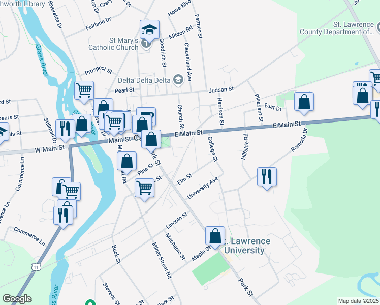 map of restaurants, bars, coffee shops, grocery stores, and more near 7 Jay Street in Canton