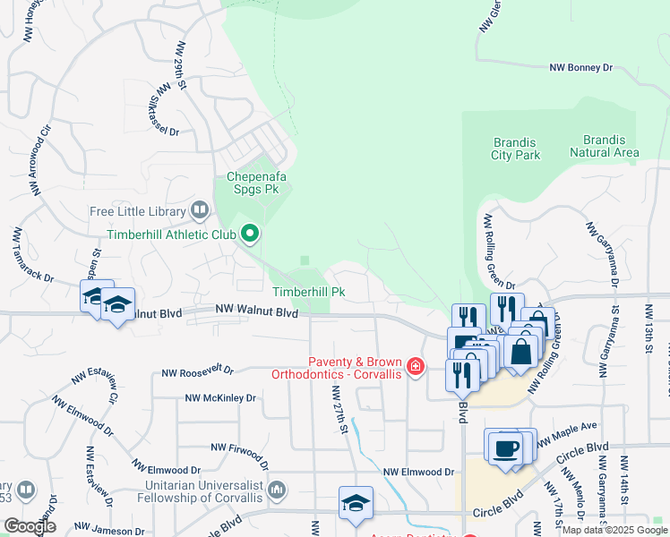map of restaurants, bars, coffee shops, grocery stores, and more near 2600 Century Drive in Corvallis