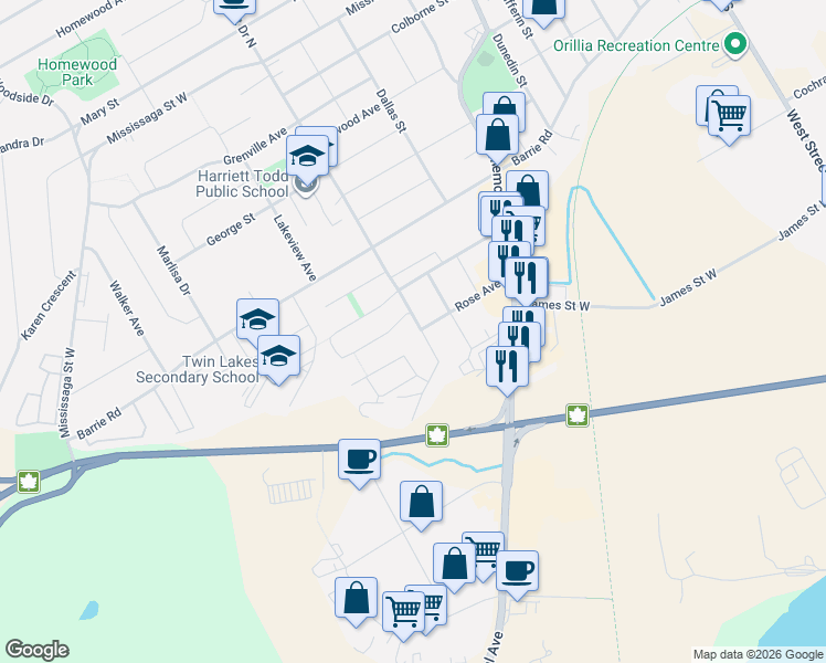 map of restaurants, bars, coffee shops, grocery stores, and more near 211 Westmount Drive South in Orillia