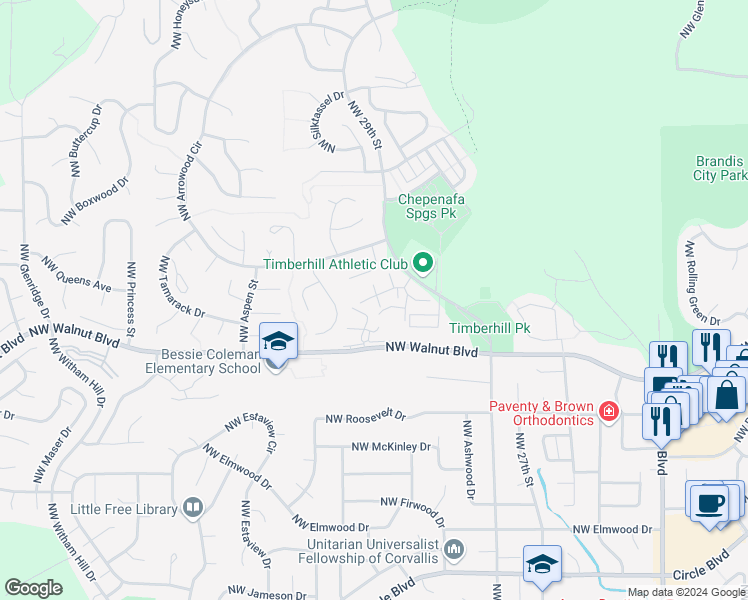 map of restaurants, bars, coffee shops, grocery stores, and more near 2898 Northwest 29th Street in Corvallis