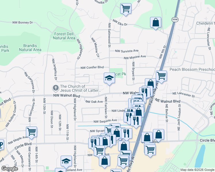 map of restaurants, bars, coffee shops, grocery stores, and more near 2658 Northwest Satinwood Street in Corvallis