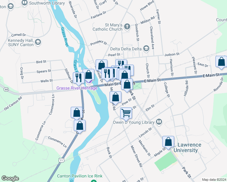map of restaurants, bars, coffee shops, grocery stores, and more near 9 Miner Street in Canton