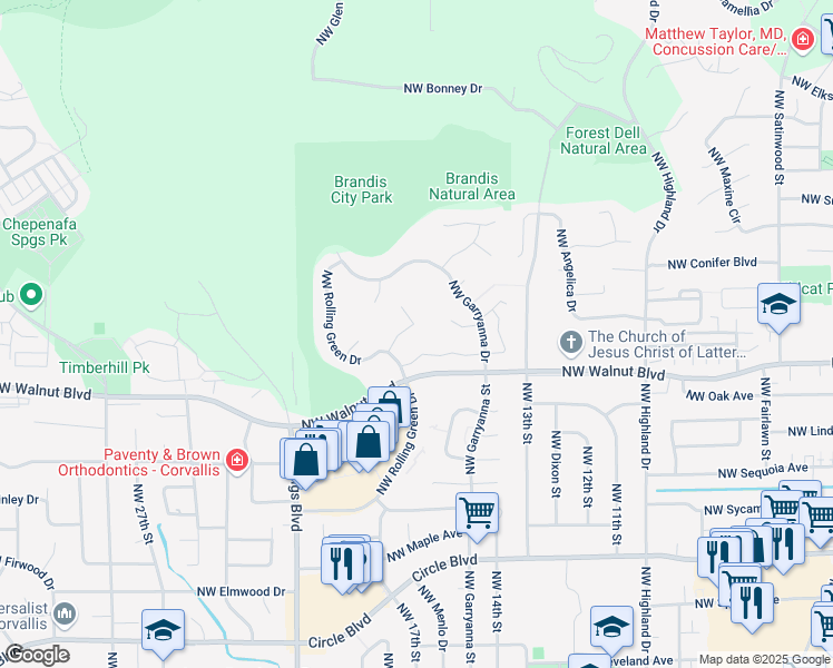 map of restaurants, bars, coffee shops, grocery stores, and more near 2647 Northwest Bluebell Place in Corvallis