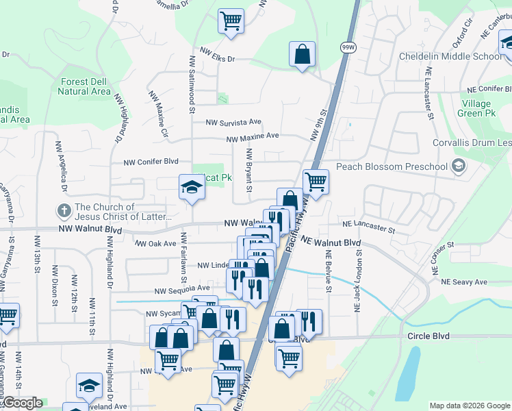 map of restaurants, bars, coffee shops, grocery stores, and more near 470 Northwest Hemlock Avenue in Corvallis
