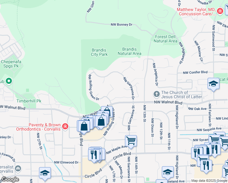 map of restaurants, bars, coffee shops, grocery stores, and more near 2647 Northwest Bluebell Place in Corvallis
