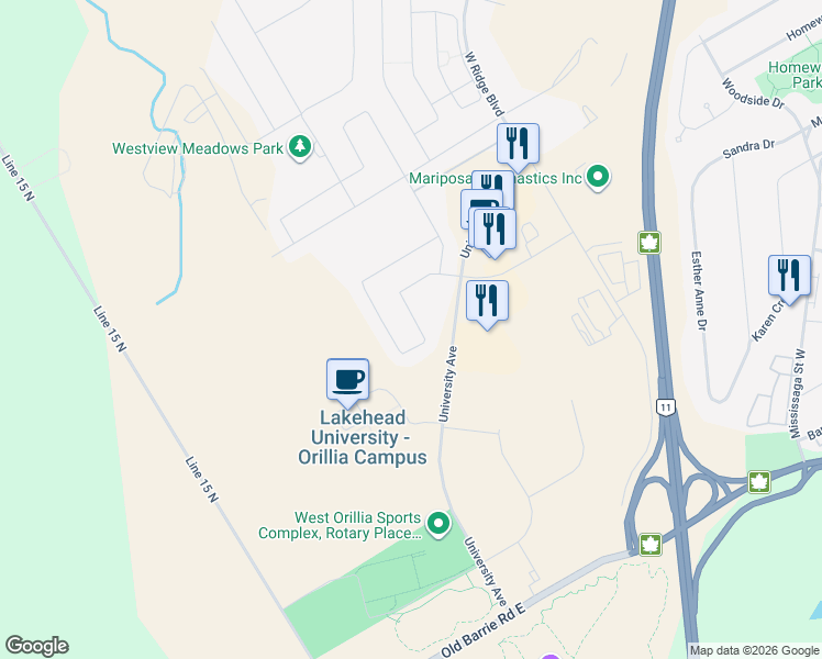 map of restaurants, bars, coffee shops, grocery stores, and more near 106 Diana Drive in Orillia