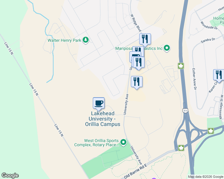 map of restaurants, bars, coffee shops, grocery stores, and more near 170 Diana Drive in Orillia