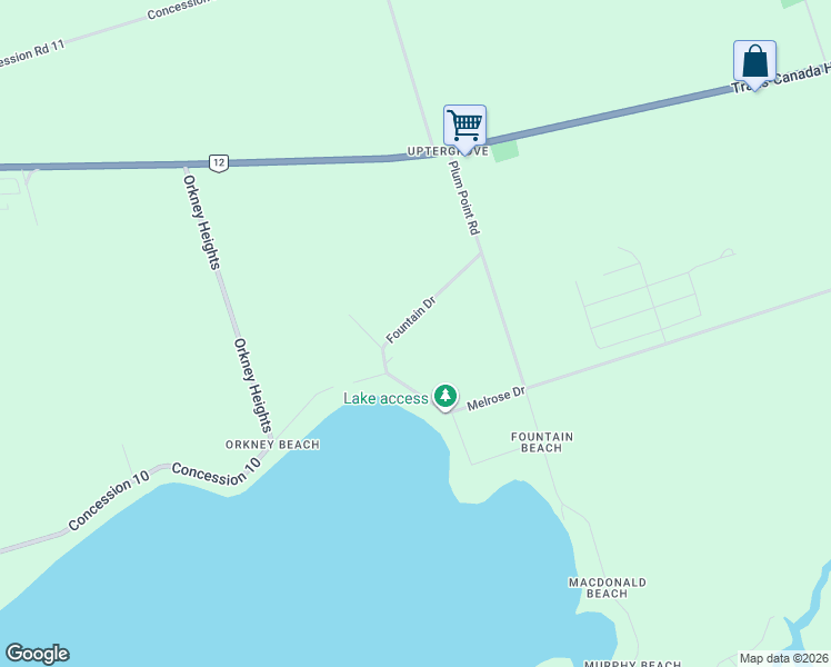 map of restaurants, bars, coffee shops, grocery stores, and more near 4178 Fountain Drive in Orillia
