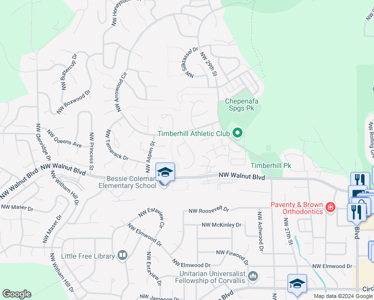 map of restaurants, bars, coffee shops, grocery stores, and more near 2850 Northwest Monterey Drive in Corvallis
