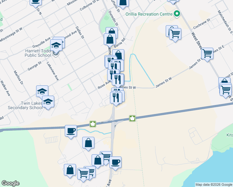 map of restaurants, bars, coffee shops, grocery stores, and more near 298 Memorial Avenue in Orillia