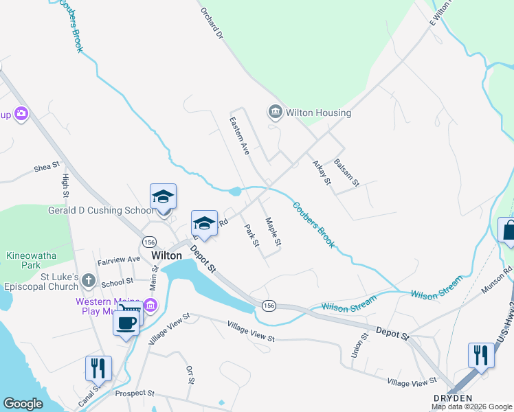 map of restaurants, bars, coffee shops, grocery stores, and more near 3 Maple Street in Wilton