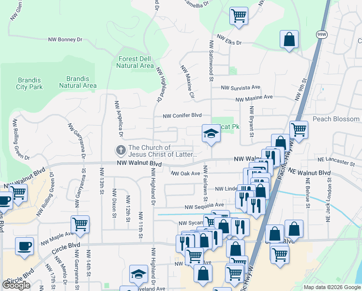 map of restaurants, bars, coffee shops, grocery stores, and more near 87 North Street in Corvallis