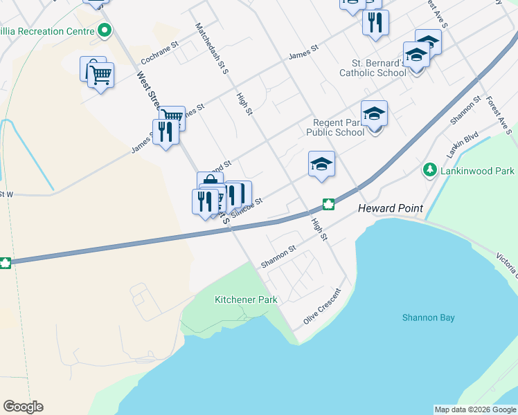 map of restaurants, bars, coffee shops, grocery stores, and more near 41 Simcoe Street in Orillia