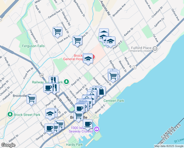 map of restaurants, bars, coffee shops, grocery stores, and more near 97 Orchard Street in Brockville