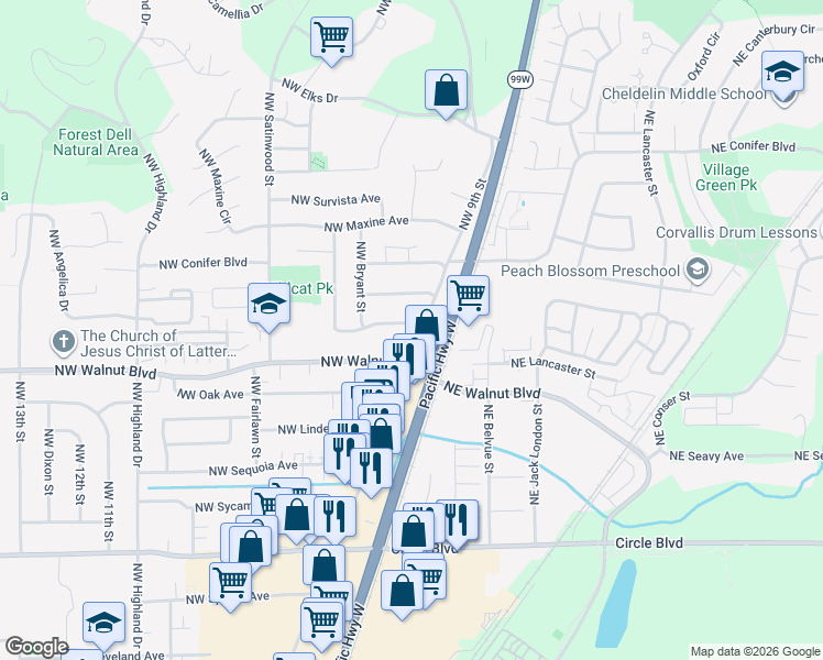 map of restaurants, bars, coffee shops, grocery stores, and more near 408 Northwest Hemlock Avenue in Corvallis
