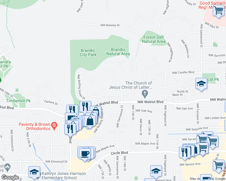 map of restaurants, bars, coffee shops, grocery stores, and more near 1566 Northwest Jonquil Place in Corvallis