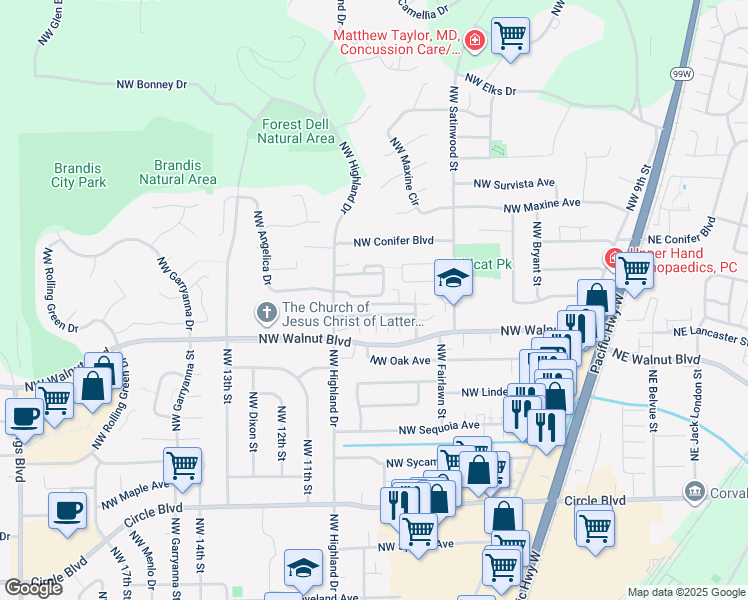 map of restaurants, bars, coffee shops, grocery stores, and more near 100 North Street in Corvallis
