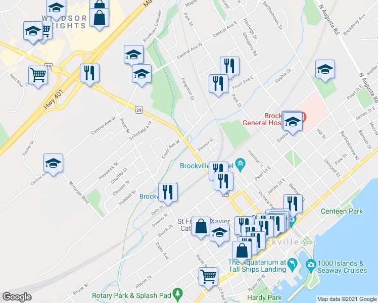 map of restaurants, bars, coffee shops, grocery stores, and more near 6 Stewart Boulevard in Brockville