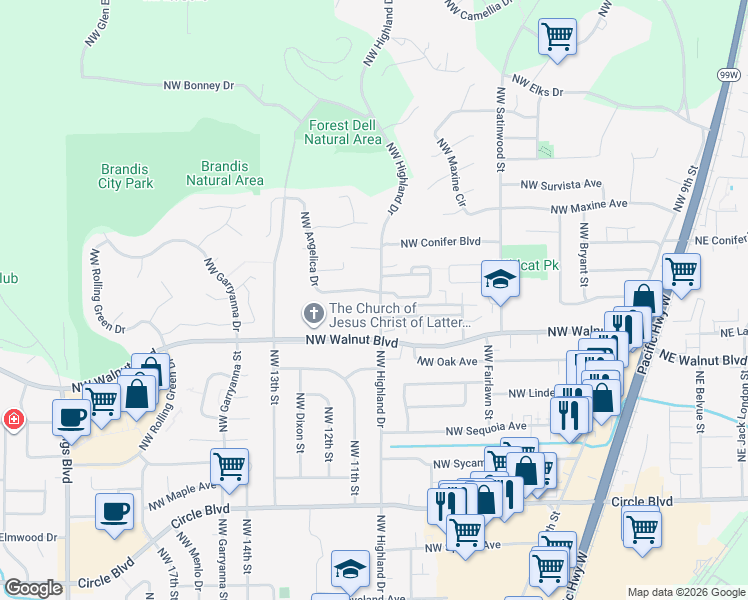 map of restaurants, bars, coffee shops, grocery stores, and more near 2704 Northwest Angelica Drive in Corvallis