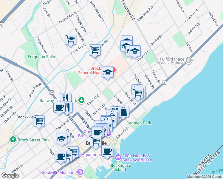 map of restaurants, bars, coffee shops, grocery stores, and more near 103 Orchard Street in Brockville
