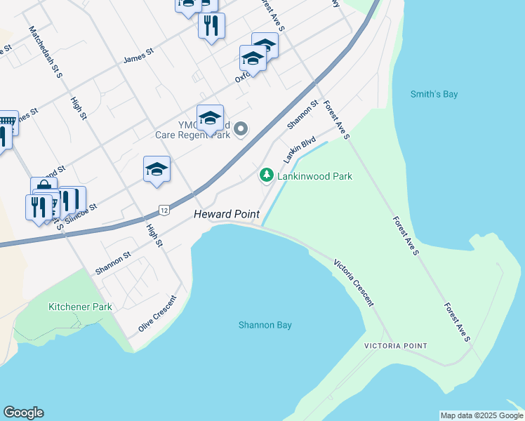 map of restaurants, bars, coffee shops, grocery stores, and more near 9 Lankin Boulevard in Orillia