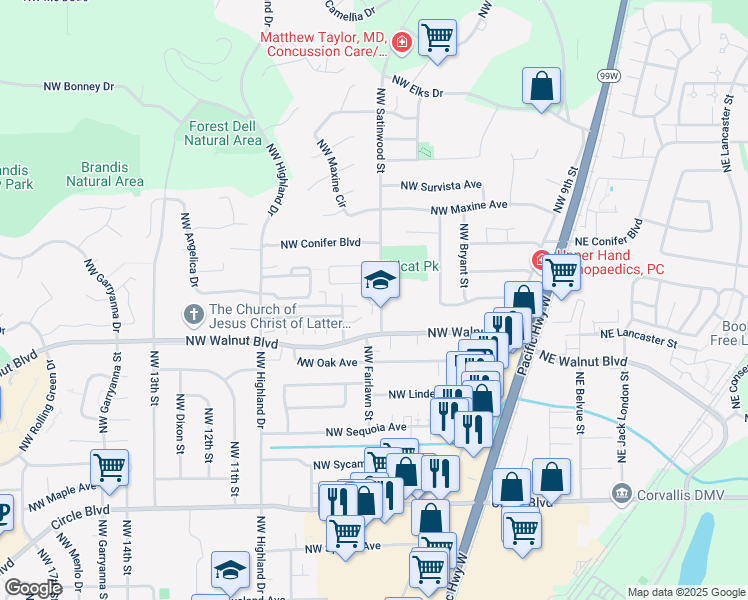 map of restaurants, bars, coffee shops, grocery stores, and more near 2658 Northwest Satinwood Street in Corvallis
