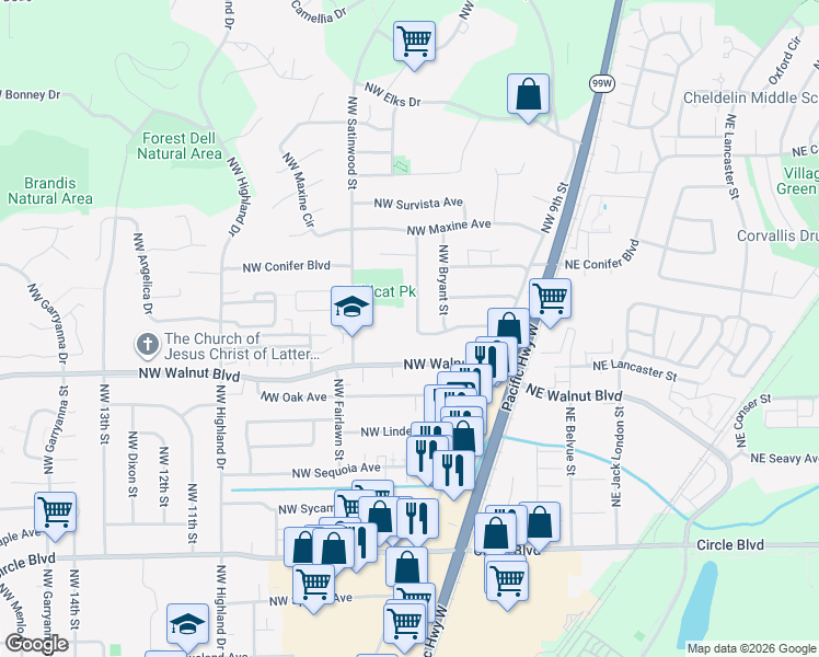 map of restaurants, bars, coffee shops, grocery stores, and more near 2730 Northwest Stewart Street in Corvallis