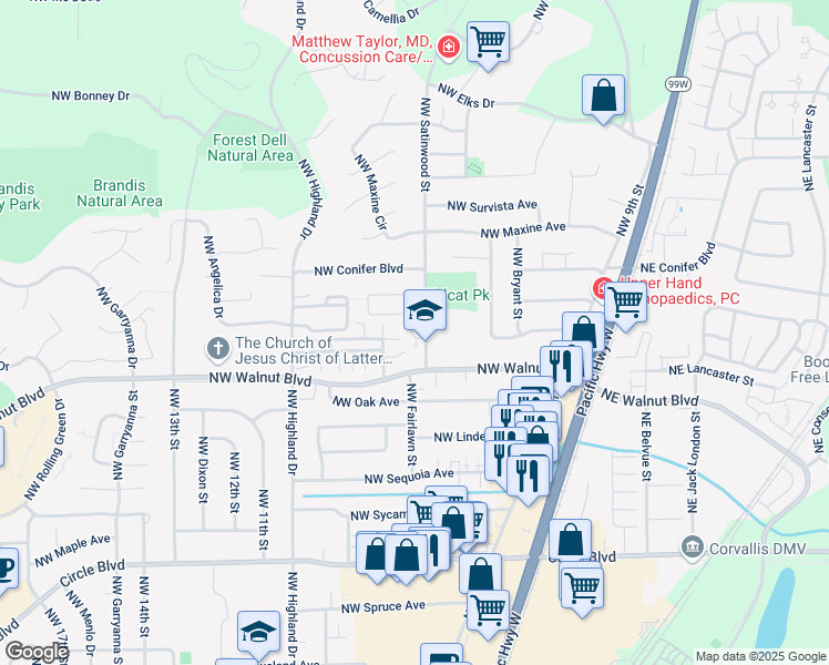 map of restaurants, bars, coffee shops, grocery stores, and more near 2658 Northwest Satinwood Street in Corvallis
