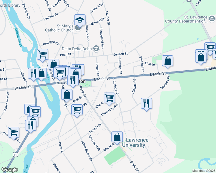 map of restaurants, bars, coffee shops, grocery stores, and more near 7 Jay St in Canton