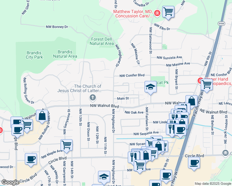 map of restaurants, bars, coffee shops, grocery stores, and more near 911 Northwest Anjni Circle in Corvallis