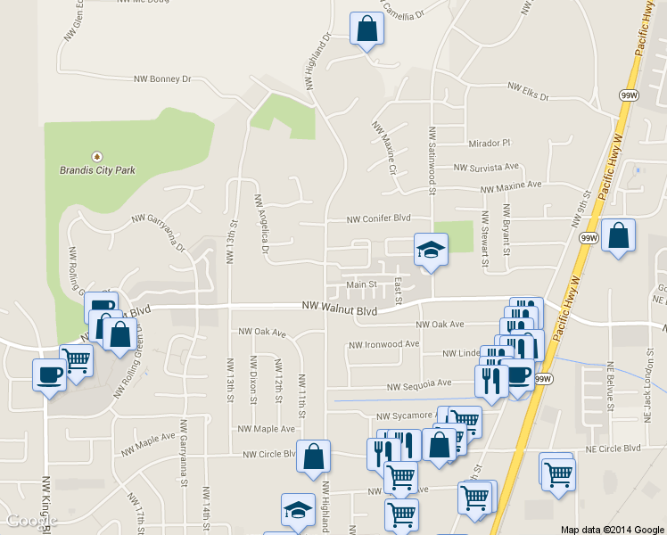 map of restaurants, bars, coffee shops, grocery stores, and more near 911 Northwest Anjni Circle in Corvallis