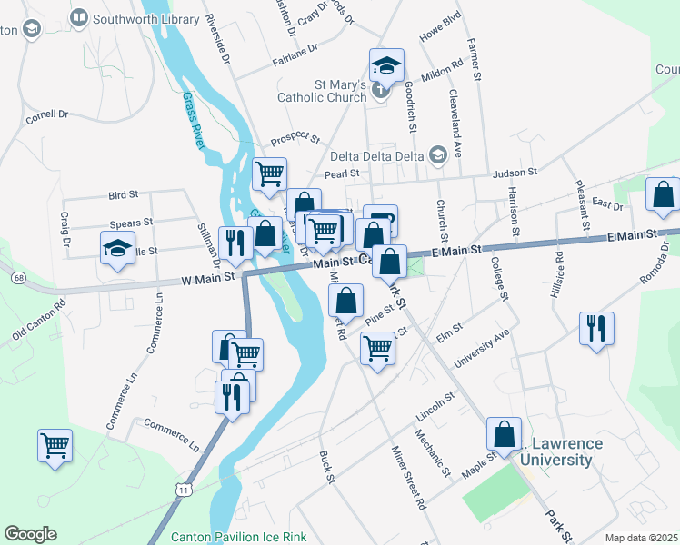 map of restaurants, bars, coffee shops, grocery stores, and more near 60 Main Street in Canton
