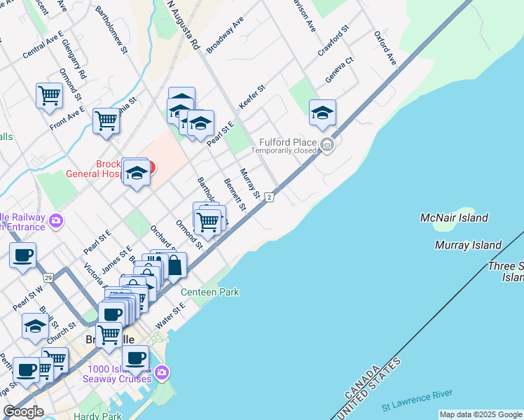 map of restaurants, bars, coffee shops, grocery stores, and more near 207 King Street East in Brockville