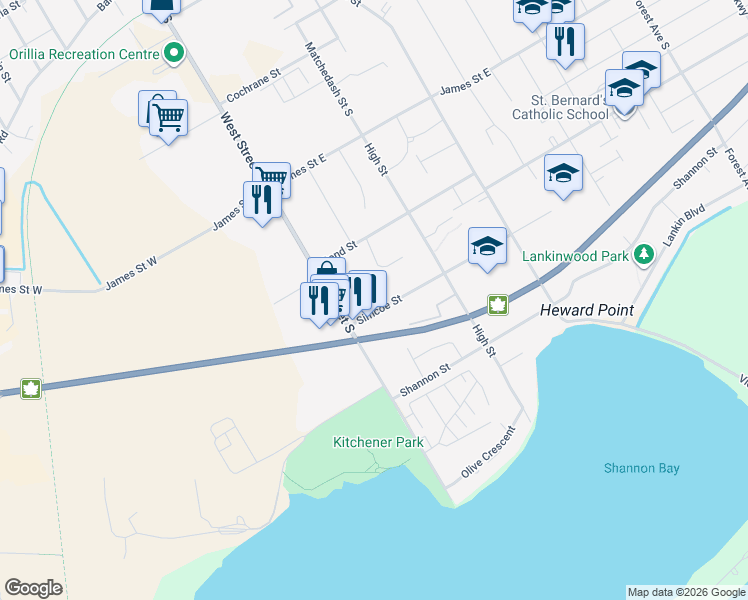 map of restaurants, bars, coffee shops, grocery stores, and more near 24 Simcoe Street in Orillia