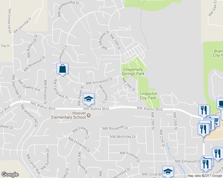map of restaurants, bars, coffee shops, grocery stores, and more near 3260 Northwest Manzanita Place in Corvallis