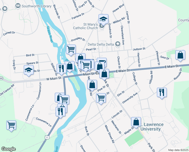 map of restaurants, bars, coffee shops, grocery stores, and more near 60 Main Street in Canton