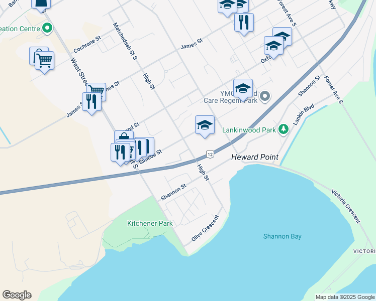 map of restaurants, bars, coffee shops, grocery stores, and more near 531 High Street in Orillia
